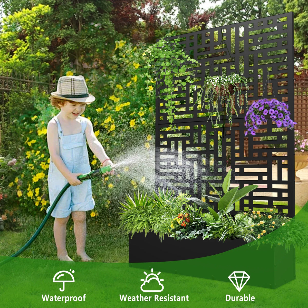2026 NewFOOWIN 71'' H Metal Planter with Trellis, Outdoor Raised Garden Bed for Climbing Plants, Trellis Planter Box with Drainage Hole, Black