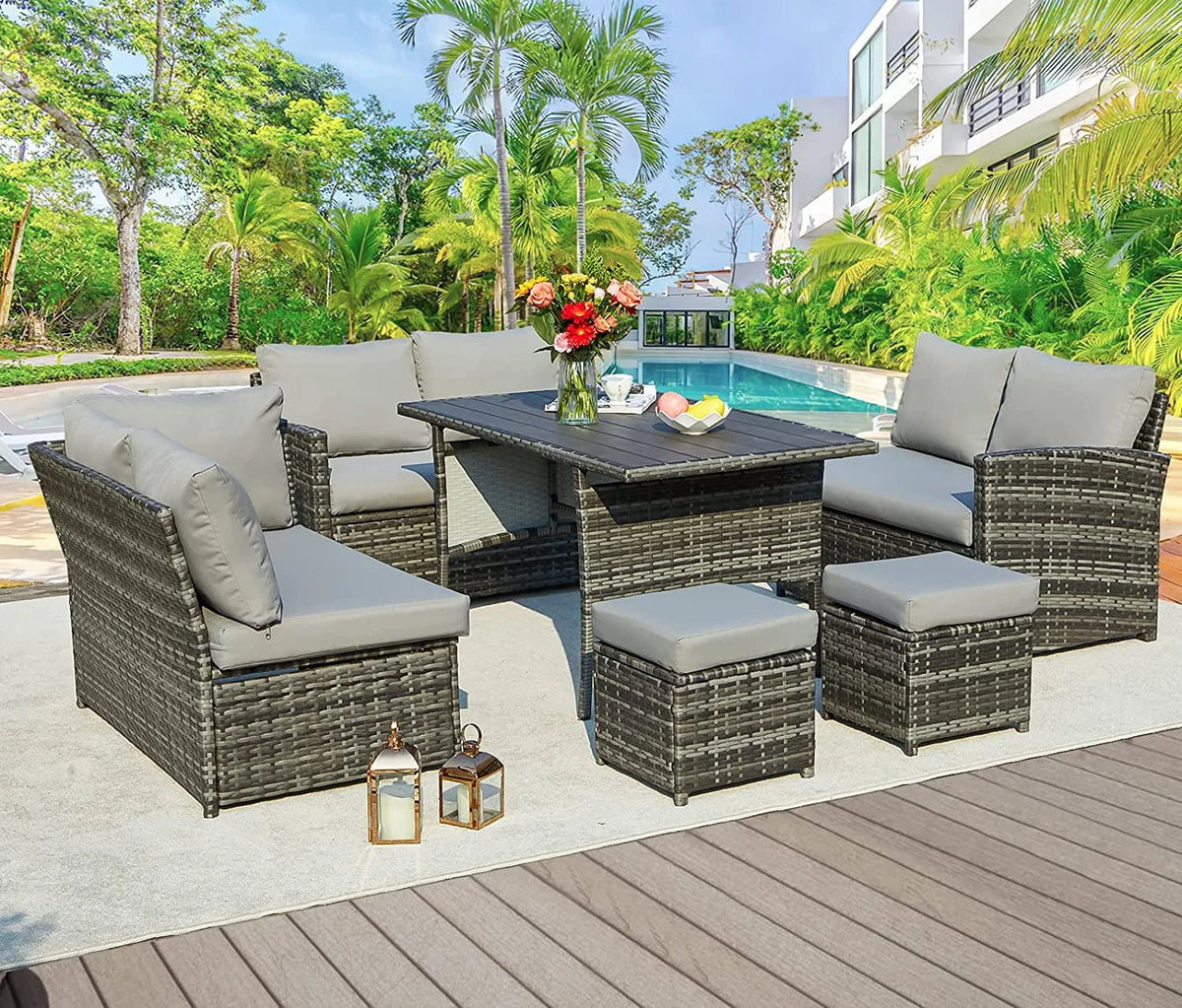 2026 NewAECOJOY 7 Piece Patio Furniture Set PE Rattan Outdoor Dining Set Sectional Sofa Couch with Table Patio Conversation Set in Gray