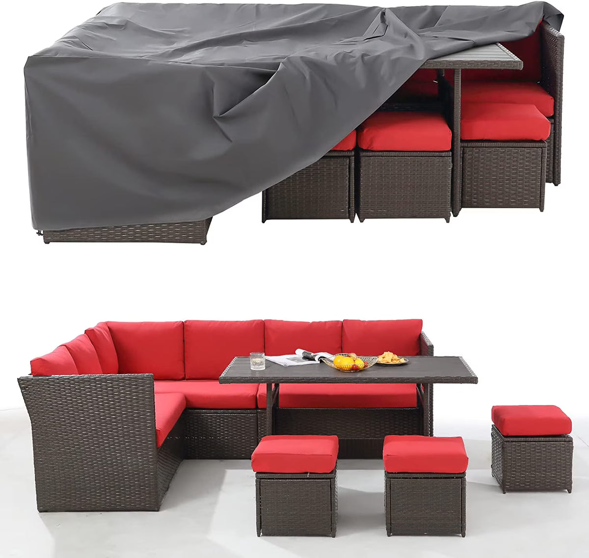 2026 NewAECOJOY 7 Piece Patio Furniture Set PE Rattan Outdoor Dining Set Sectional Sofa Couch with Table Patio Conversation Set in Gray