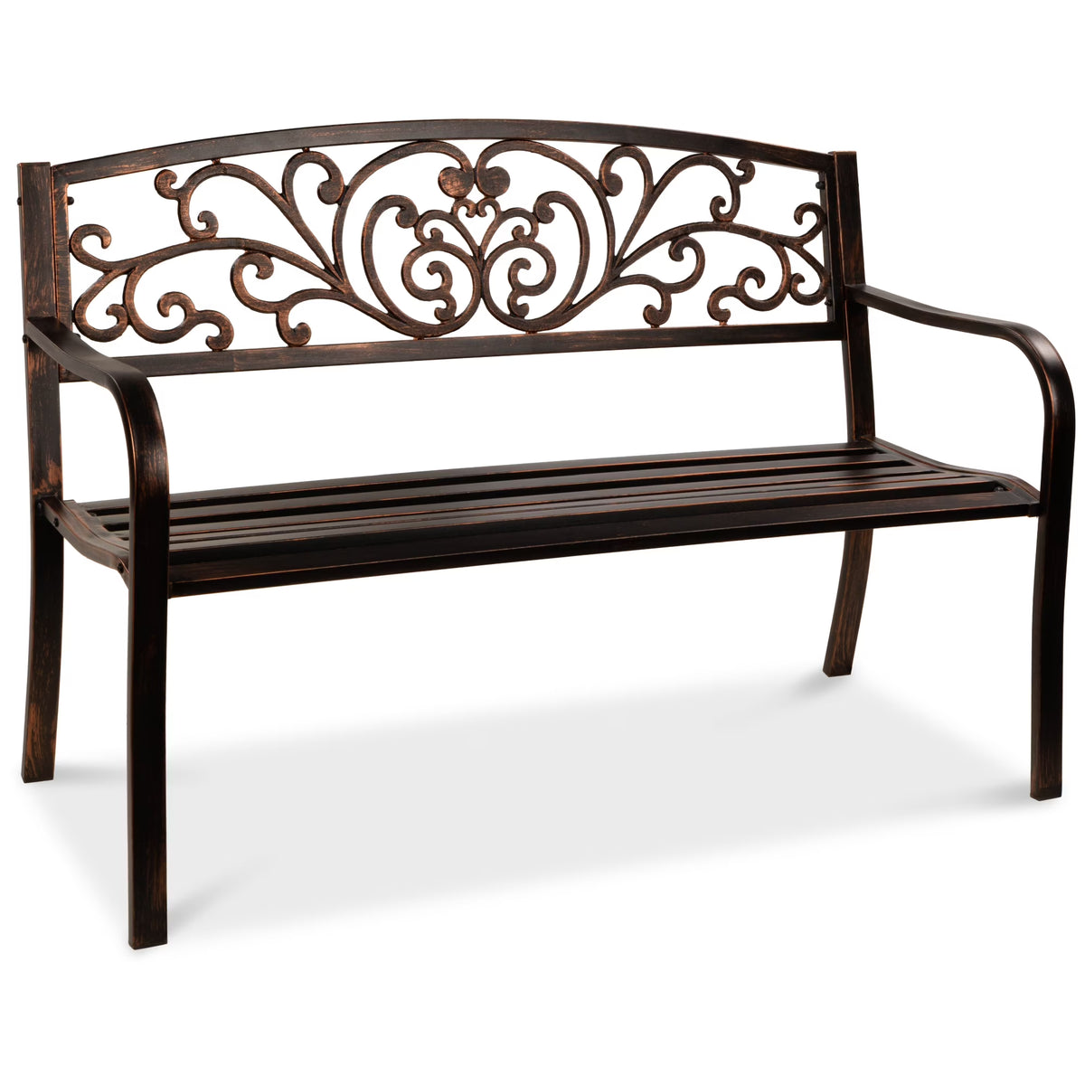 2026 NewBest Choice Products Outdoor Steel Bench Garden Patio Porch Furniture w/ Floral Design Backrest - Black