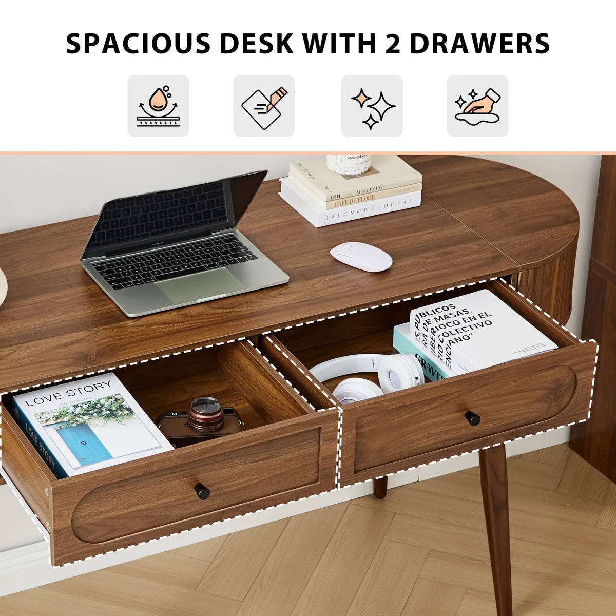 2026 NewYOCWO Modern Home Office Desk with 2 Drawers and 2 Fflip-top Storage, Oval Computer PC Desk Table, Vanity Desk with Fluted Curved Table Edge, Walnut