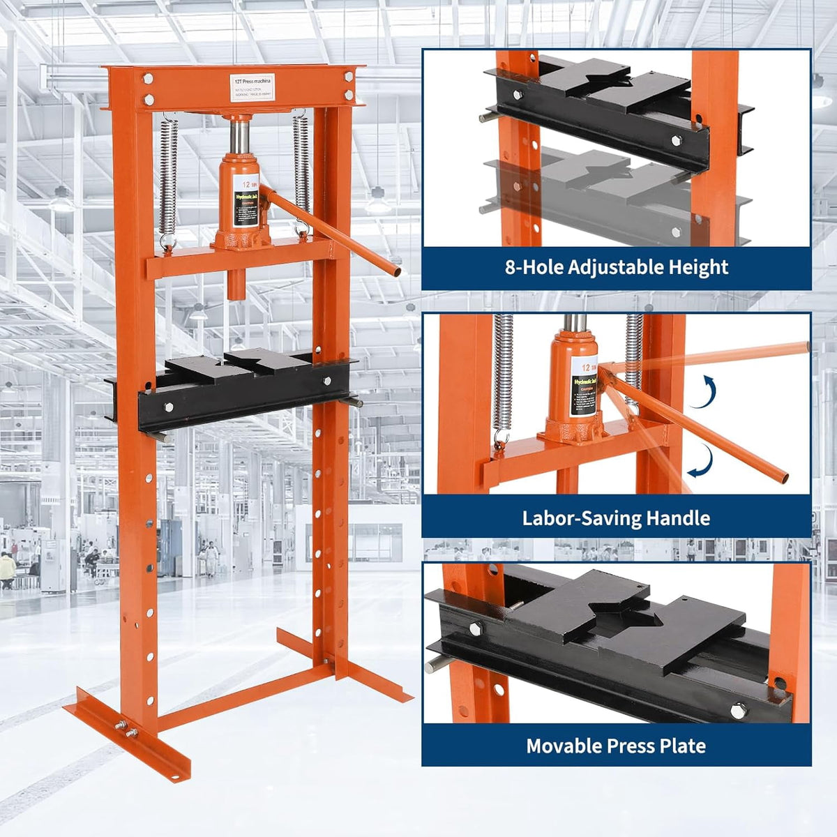 12 Ton Hydraulic Shop Press, H-Frame, 8-Hold Adjustable Height, with Movable Plates and Dust Cover, for Garage or Professional Users, Orange