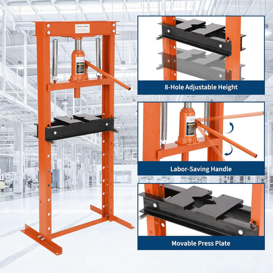 12 Ton Hydraulic Shop Press, H-Frame, 8-Hold Adjustable Height, with Movable Plates and Dust Cover, for Garage or Professional Users, Orange