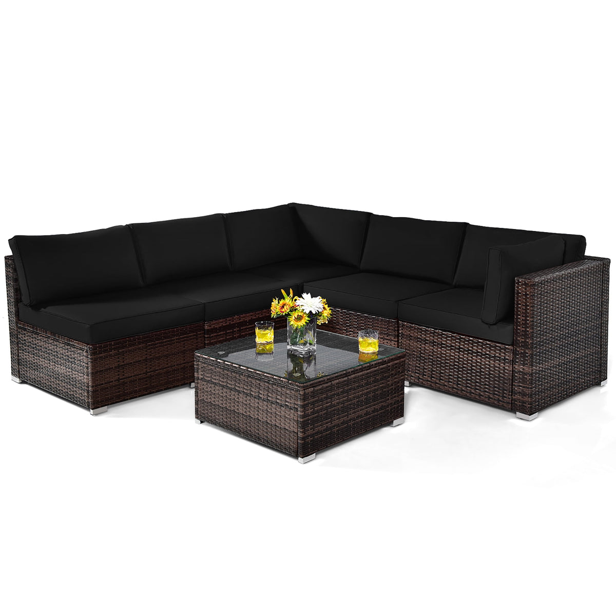 Costway 6PCS Patio Rattan Furniture Set Cushioned Sofa Coffee Table Black
