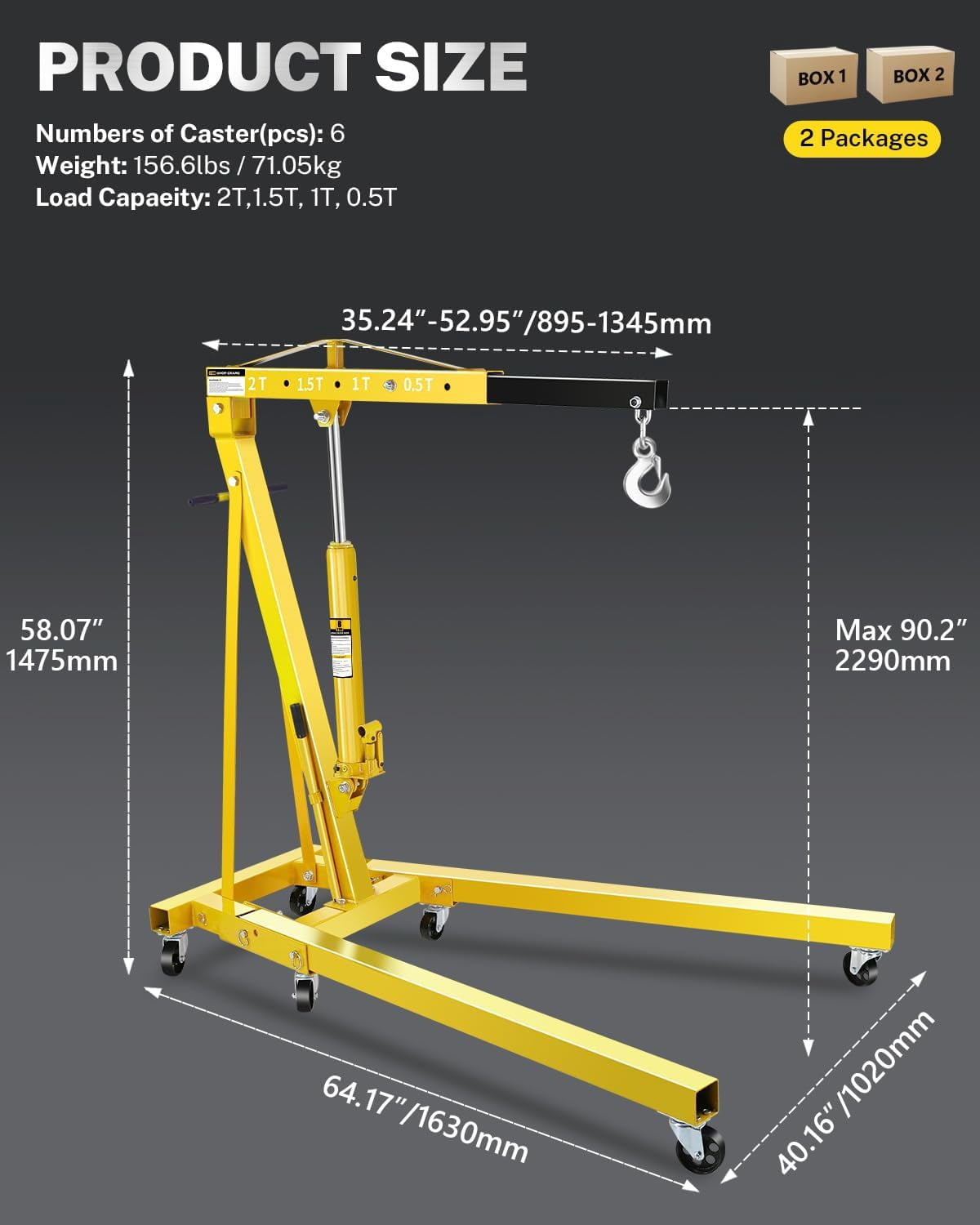 Memoryfield 2 Ton Folding Engine Hoist, 4400LB Hydraulic Cherry Picker Hoist Lift, Shop Crane with 6 Casters, Telescopic Boom for Lifting Motors, for Garage, Workshop, Red