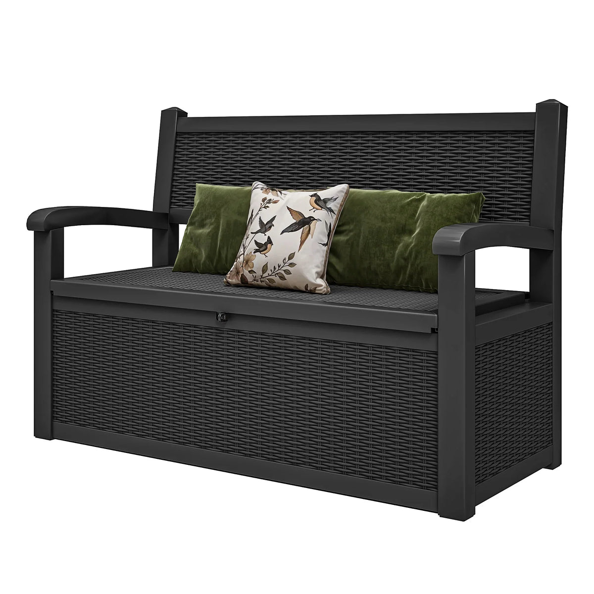 2026 NewModFusion 70-Gallon Outdoor Resin Storage Cabinet with Rattan Backrest �C Waterproof Patio Bench Seat, 500 lbs Capacity, Black