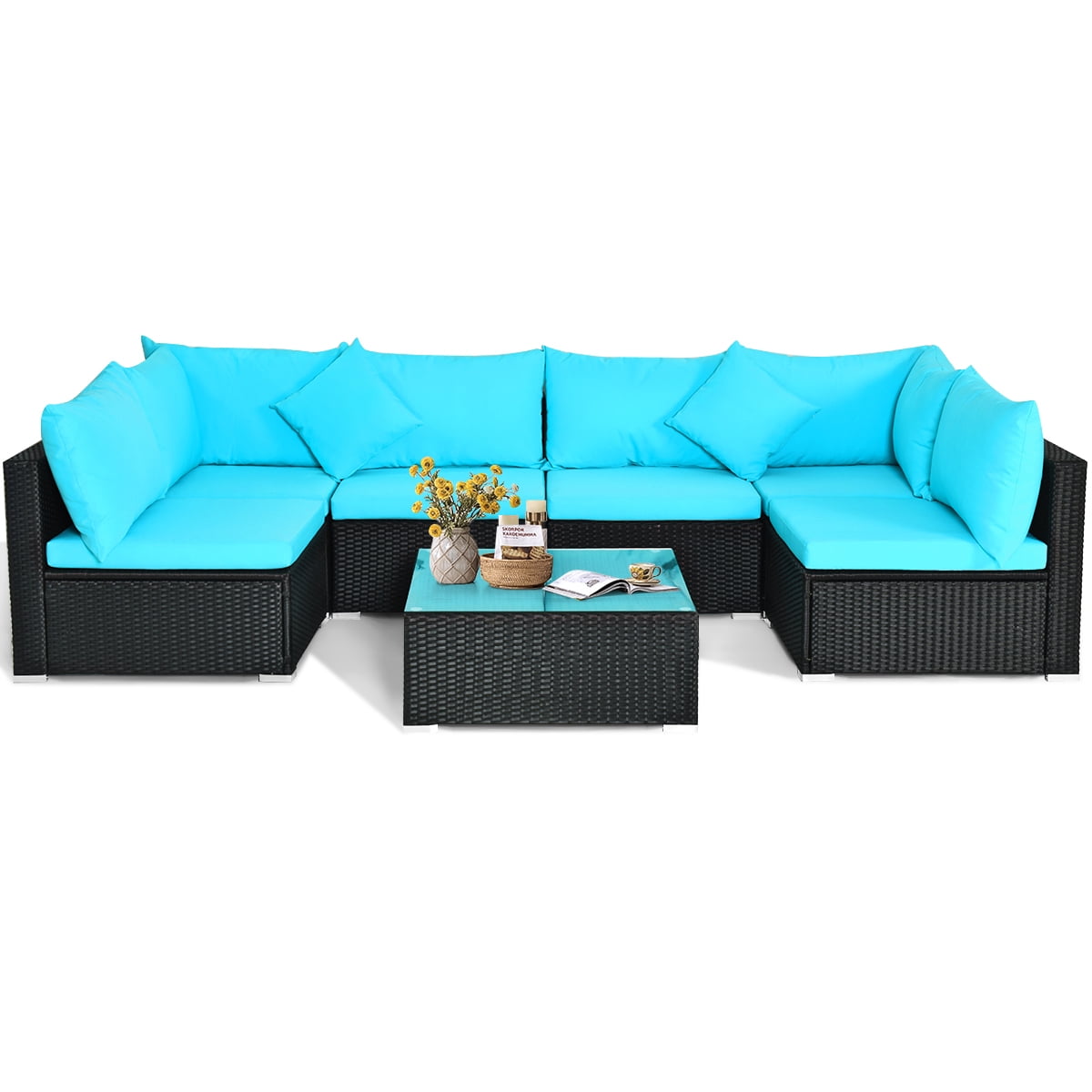 Patiojoy 7-Piece Patio PE Rattan Sectional Sofa Furniture Set Wicker Sofa Conversation Set Turquoise