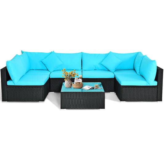 Patiojoy 7-Piece Patio PE Rattan Sectional Sofa Furniture Set Wicker Sofa Conversation Set Turquoise