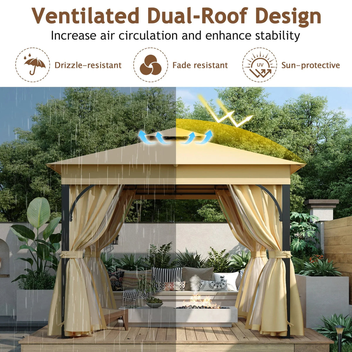 2026 New10'x10' Outdoor Gazebo,Patio Gazebo with Mosquito Netting and Privacy Screens for Backyard, Garden, Lawn and Deck,Grey