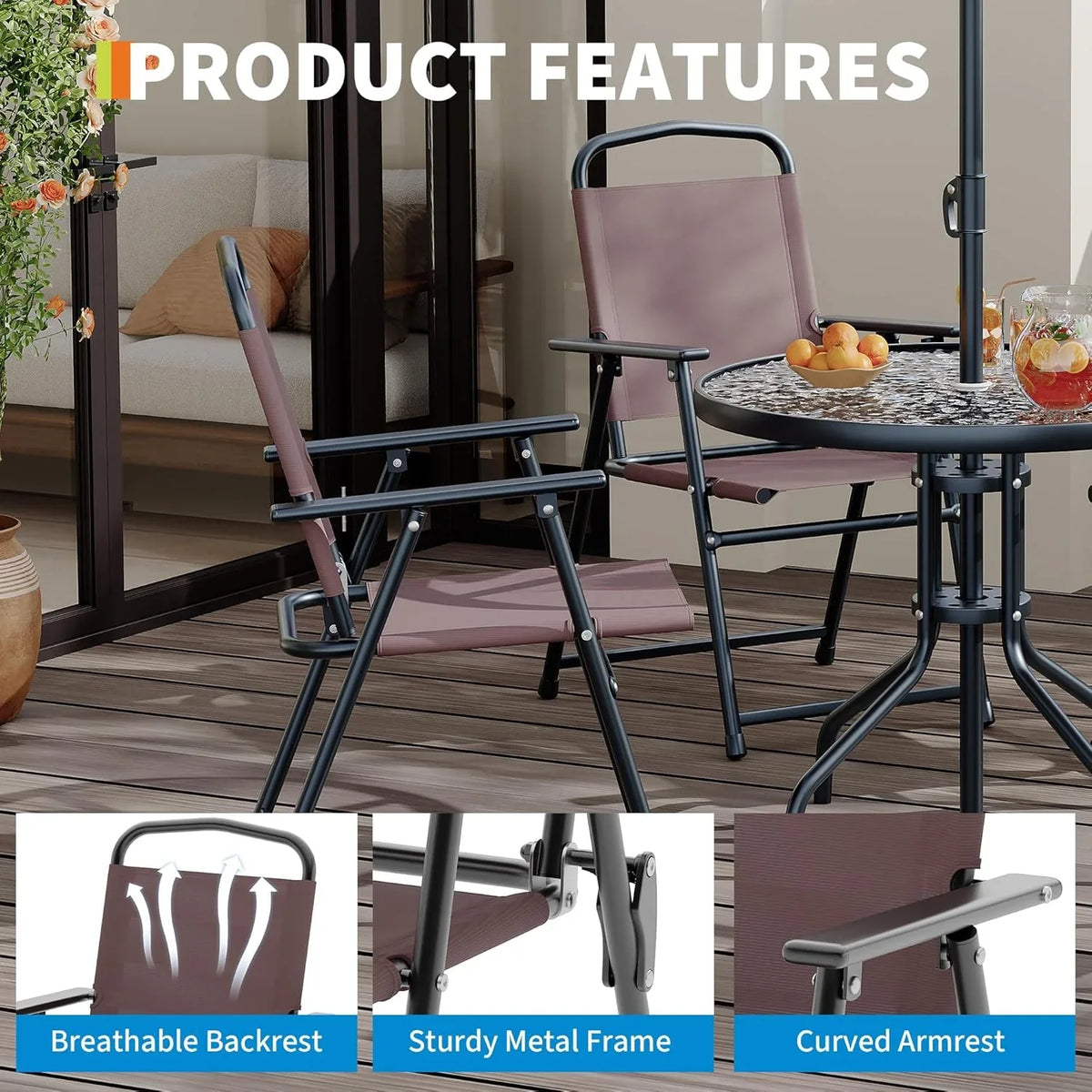 2026 New6 Pieces Outdoor Dining Set With Umbrella, Patio Table and 4 Folding Chairs With Umbrella, Garden Patio Furniture Set With Umbrellas, Tempered Glass Top Dining Table