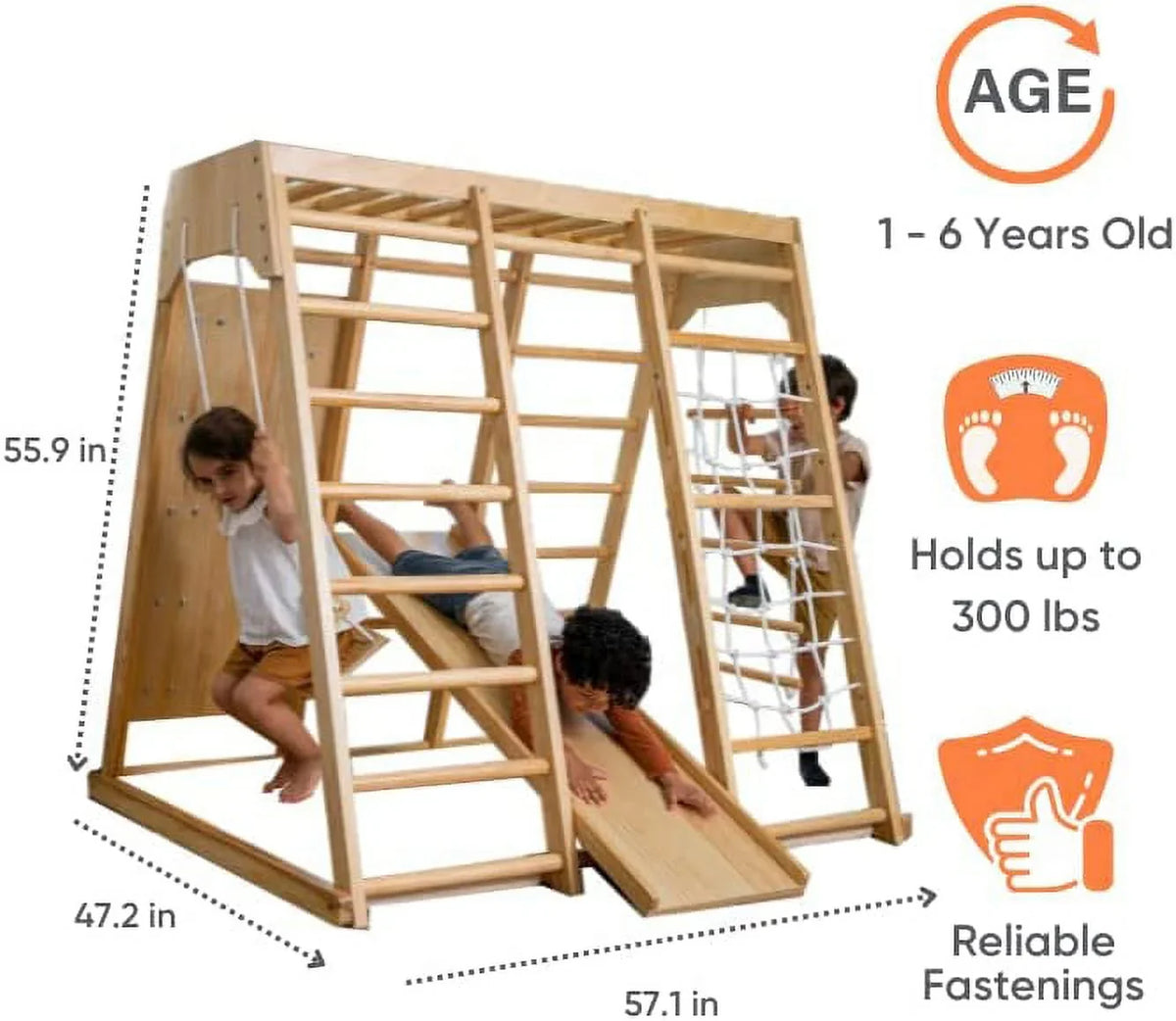 2026 NewAvenlur Indoor Toddler and Child Indoor Gym Playground Climber - Real Wooden Playset 6-in-1 Slide, Rock Climb Wall, Rope Wall Climbing, Monkey Bars, Swing, Ladder Fun Gym for Children