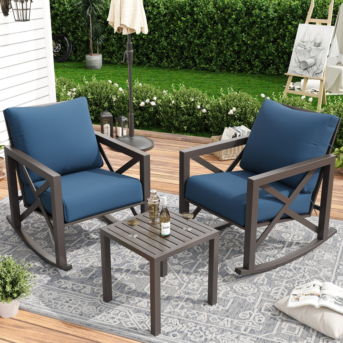 2026 NewMRUAKA Rocking Chair Bistro Set,3 Piece Outdoor Patio Furniture Set with 2 Rockers and 1 Metal Coffee Table with Thick Cushions for Porch,Backyard,Poolside,Beige