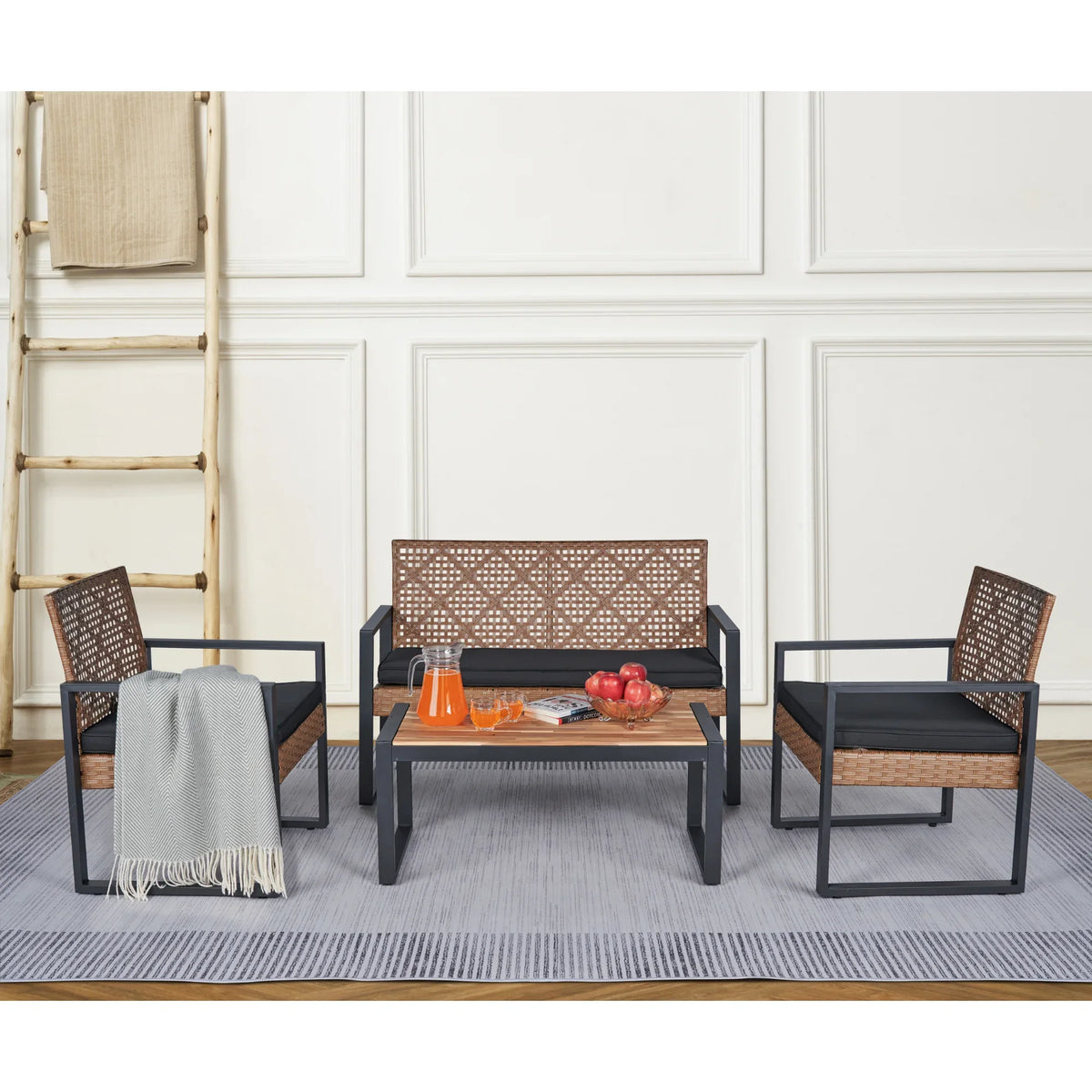 2026 NewHeavy-duty Patio Furniture Set, 4 Piece Outdoor Sectional Conversation Sets, BrownPE Rattan Patio Sofa Set with Blue Cushions