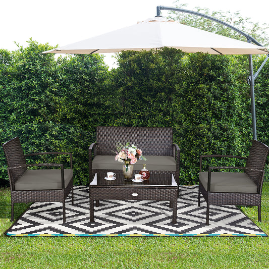Costway 4pcs Patio Rattan Wicker Furniture Set Loveseat Sofa Cushioned Garden Yard