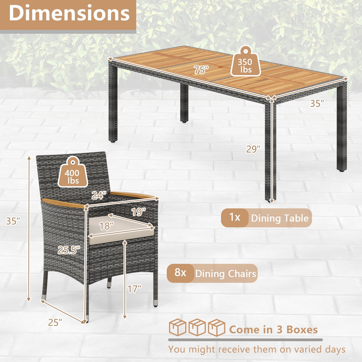 Costway 9PCS Patio Rattan Dining Set Mix Gray Acacia Wood Table Cushioned Chair