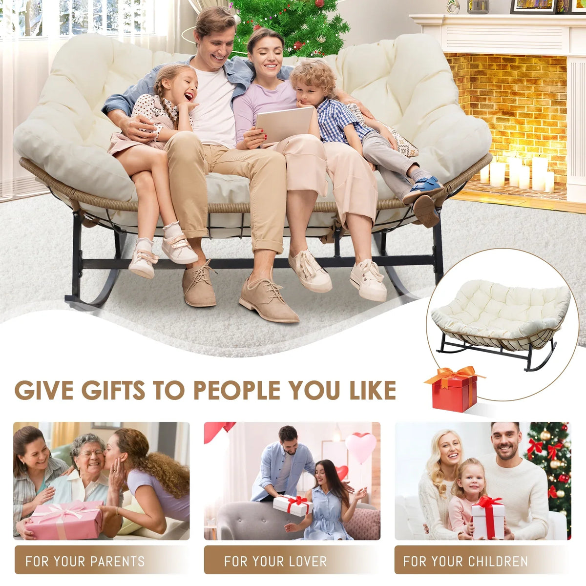 2026 NewRADIATA Beige Double Outdoor Rocking Chair, 2 Person Patio Rocking Egg Chair with Thick Cushion