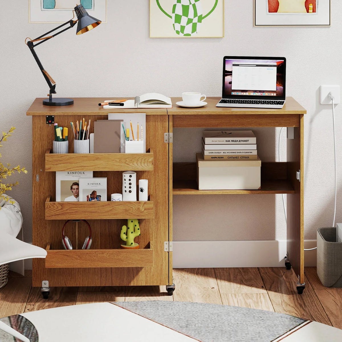 2026 NewCostway Folding Sewing Table Rolling Craft Station with 3 Storage Bins & Charging Station Natural