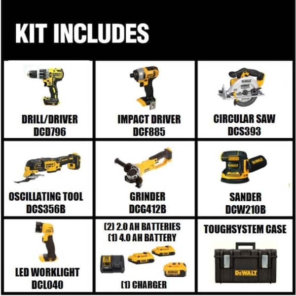 2026 New20V MAX Cordless 7 Tool Combo Kit with TOUGHSYSTEM Case, (1) 20V 4.0Ah Battery and (2) 20V 2.0Ah Batteries