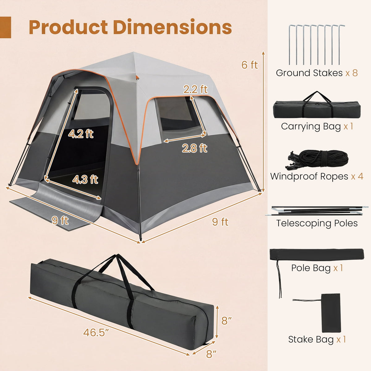 Costway 6-Person Outdoor Camping Tent with Rainfly & Carrying Bag, 3000mm Water-Resistant Gray