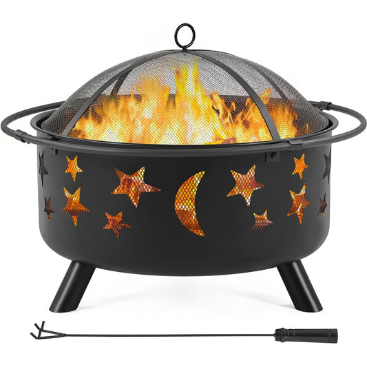 Yaheetech Round Fire Pit with Stars Moons Pattern, Black