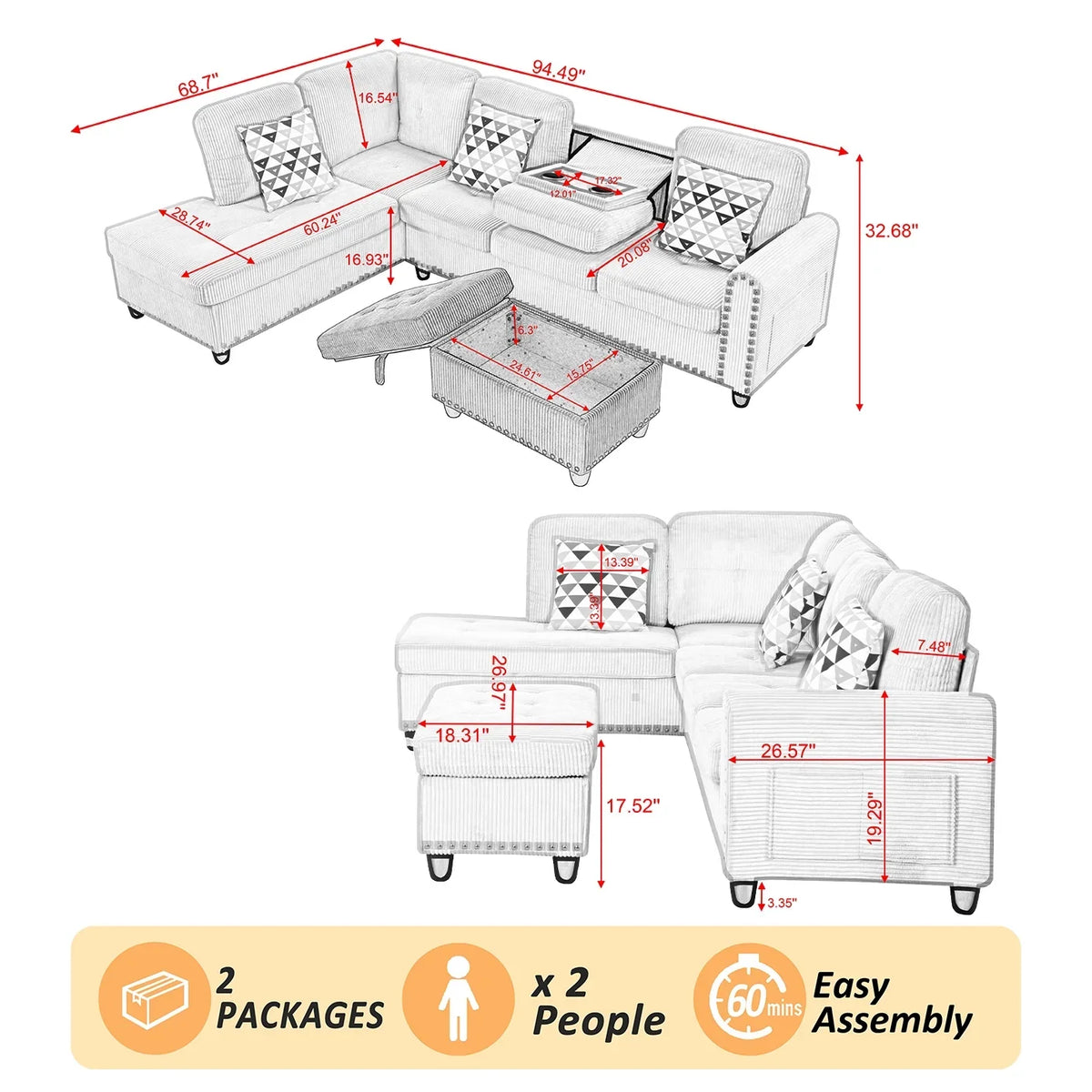 2026 NewAENKYO 95" L-Shaped Corduroy Modular Sectional Sofa with Ottoman & Cup Holders �C Living Room Couch for Apartments"Light Gray
