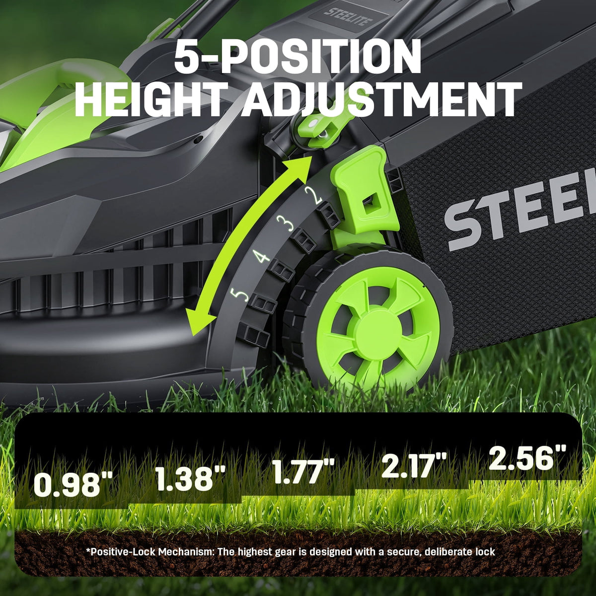 Steelite 13-Inch Cordless Lawn Mower, 21V Electric Lawn Mowers with Brushless Motor for Garden,5 Heights Adjustment, 4.0Ah Battery & Charger Included