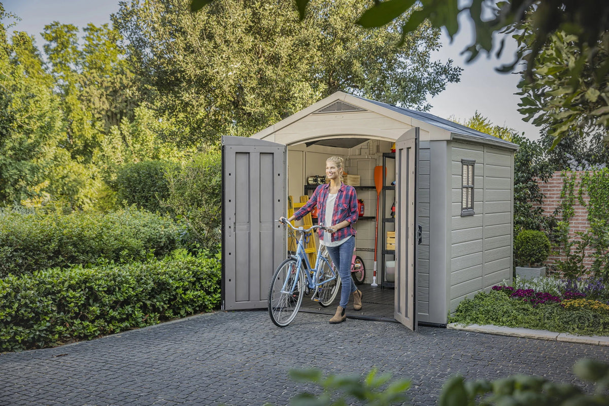 2026 NewKeter Factor 8 x 11 Foot All Weather Resin Outdoor Storage Shed, Taupe