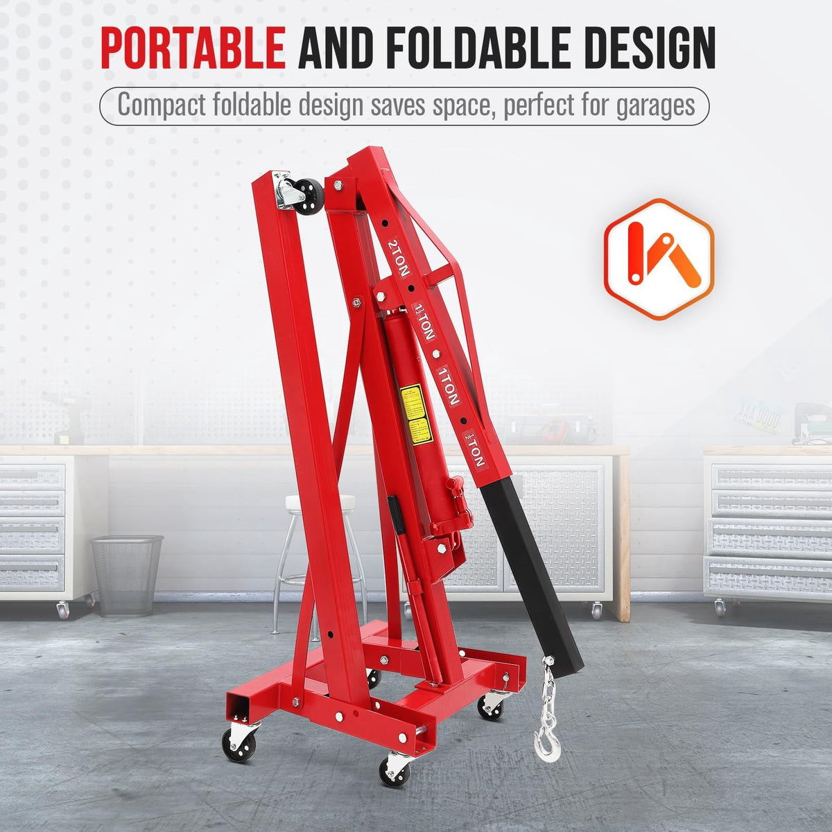 Engine Hoist, Cherry Picker Shop Crane with 6 Casters and Telescopic Boom, Heavy Duty Lift for Garage, Workshop, Automotive Repair(Max Load Capacity 1.2 Tons)