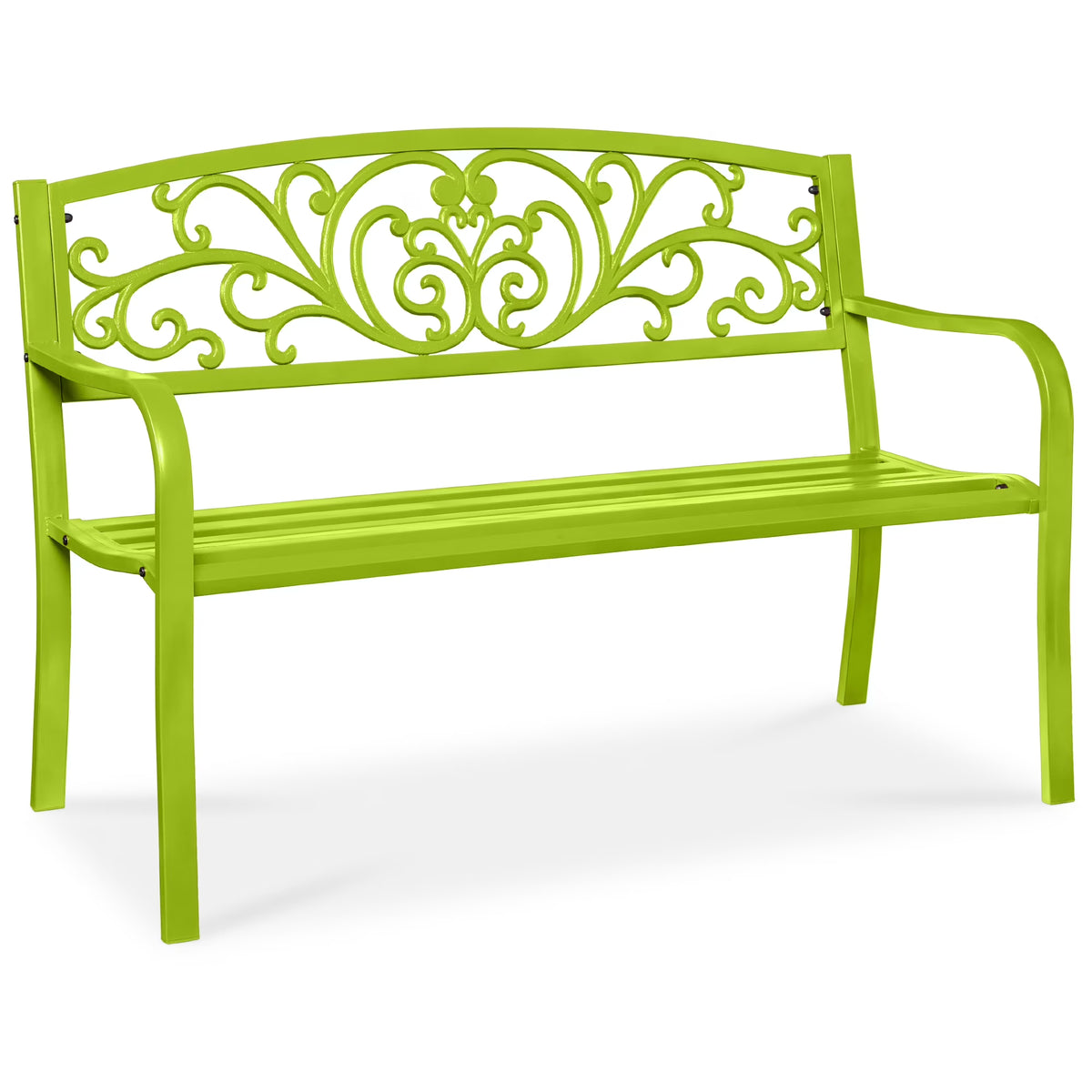 2026 NewBest Choice Products Outdoor Steel Bench Garden Patio Porch Furniture w/ Floral Design Backrest - Black
