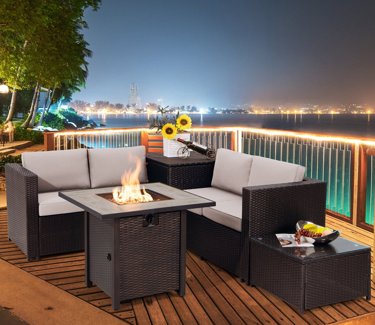 Patiojoy 5-Piece Patio Furniture Set with 30 Inches Gas Fire Pit Table Outdoor PE Wicker Conversation Sectional Sofa Set with Cushions Beige