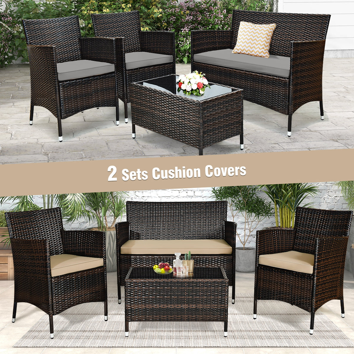 Costway 4PCS Patio Wicker Furniture Set Sofa Chair with Brown & Grey Cushion Covers Garden