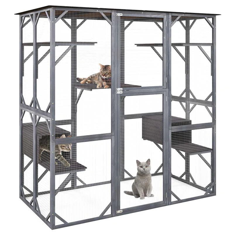 71" Tall Large Cat House Outdoor Catio Kitty Enclosure, Walk-in Cat Kennel Condo, Wooden Cat Cage Playpen with 7 Platforms