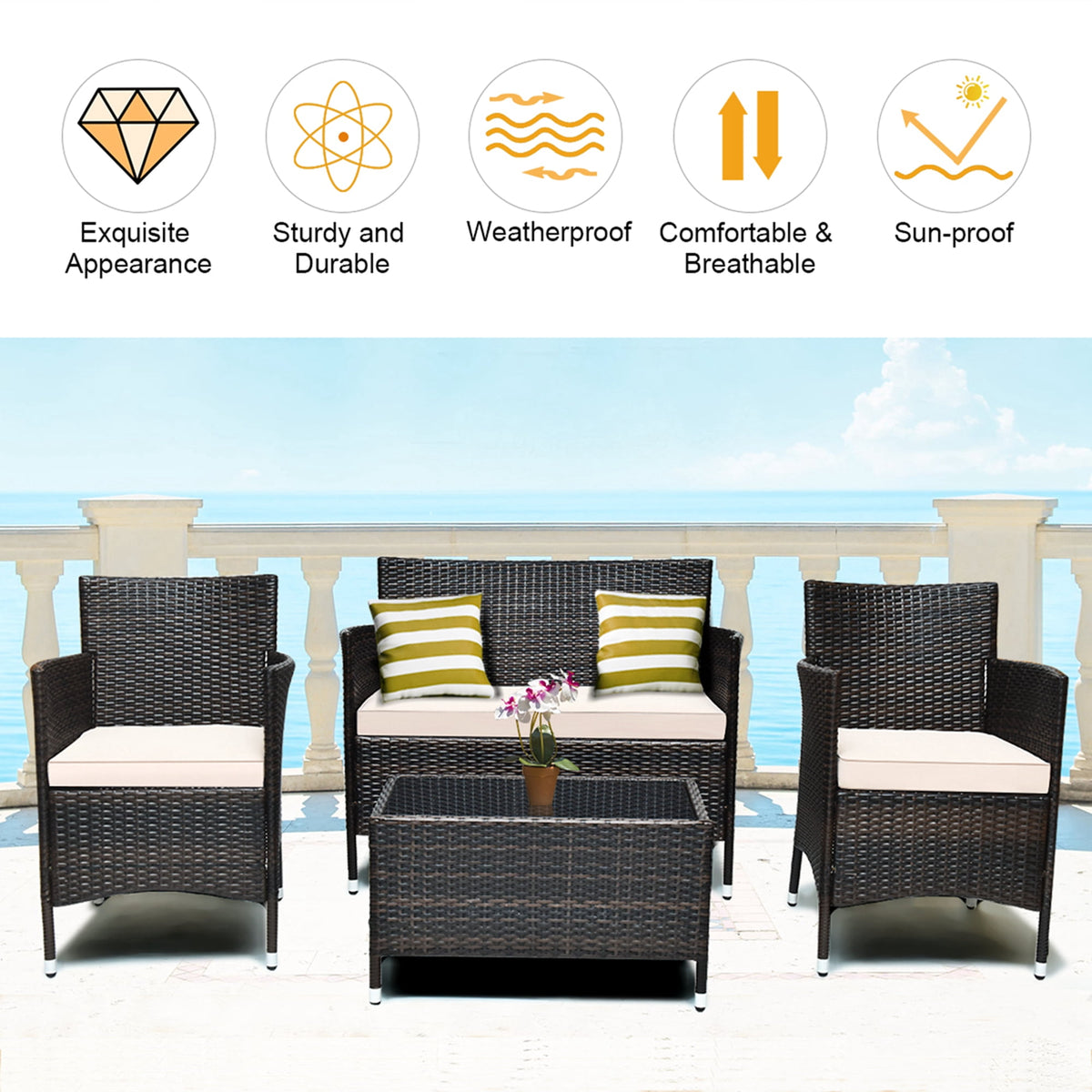 Costway 4PCS Patio Wicker Furniture Set Sofa Chair with Brown & Grey Cushion Covers Garden