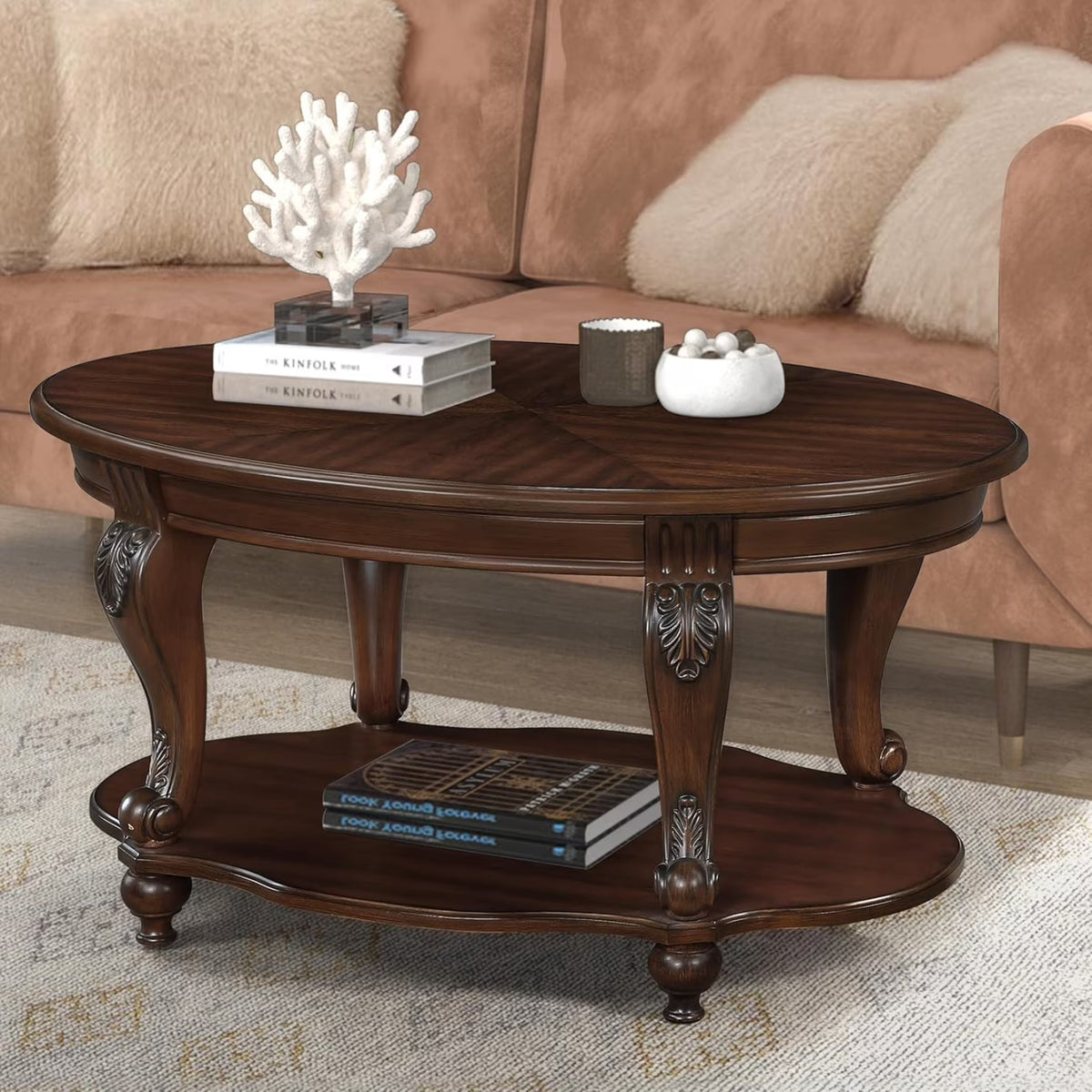 2026 New42" Oval Coffee Table with Storage Shelf, 2-Tier Solid Wood Cocktail Tea Table, Traditional Retro Center Table for Living Room, Bearing 400LBS, Cherry