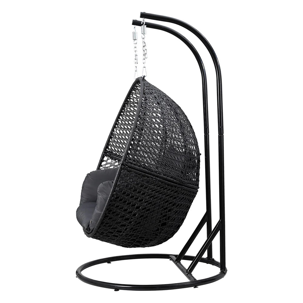 Gardeon Outdoor Egg Swing Chair Wicker Furniture Pod Stand Cushion 2 Seater Grey