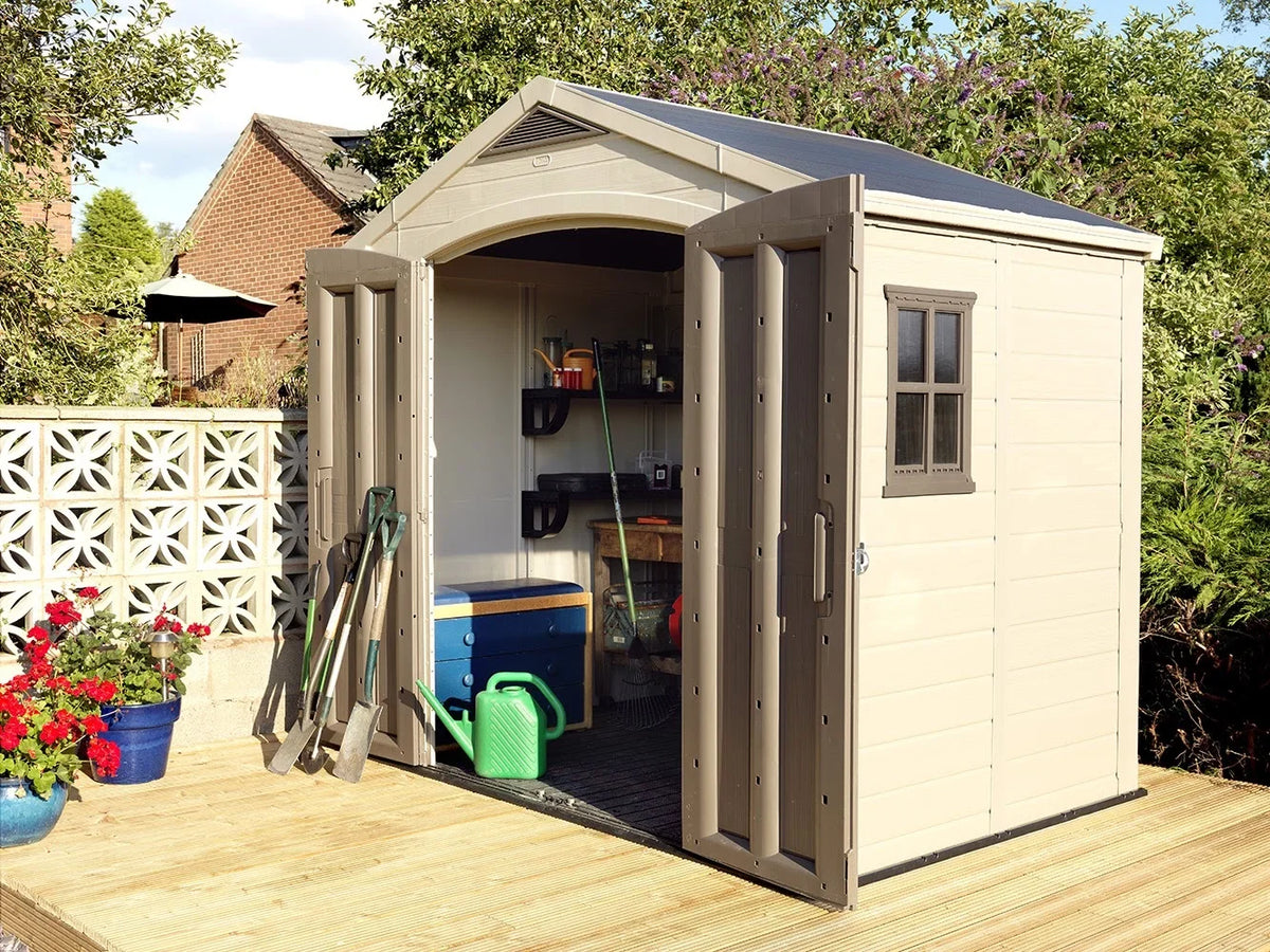2026 NewKeter Factor 8 x 11 Foot All Weather Resin Outdoor Storage Shed, Taupe