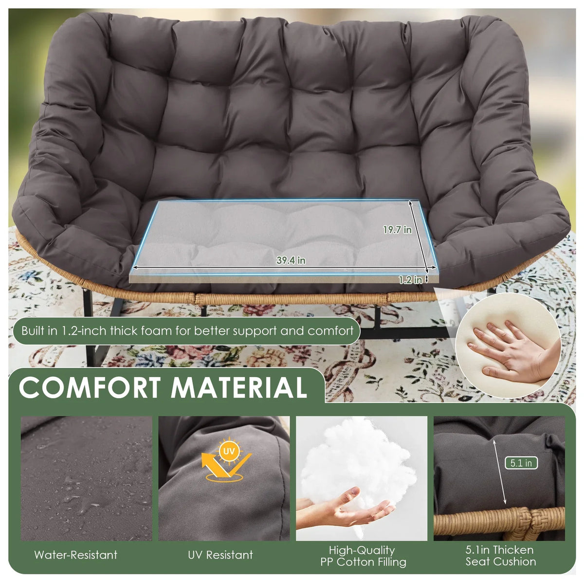 2026 NewRADIATA Beige Double Outdoor Rocking Chair, 2 Person Patio Rocking Egg Chair with Thick Cushion