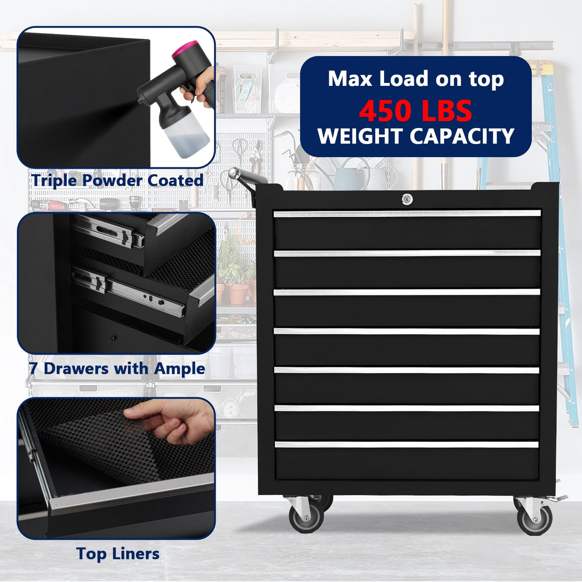 Rolling Tool Chest, 5-Drawers Metal Tool Box Organizer w/Auto Locking System & Lockable Wheels, Sliding Drawers