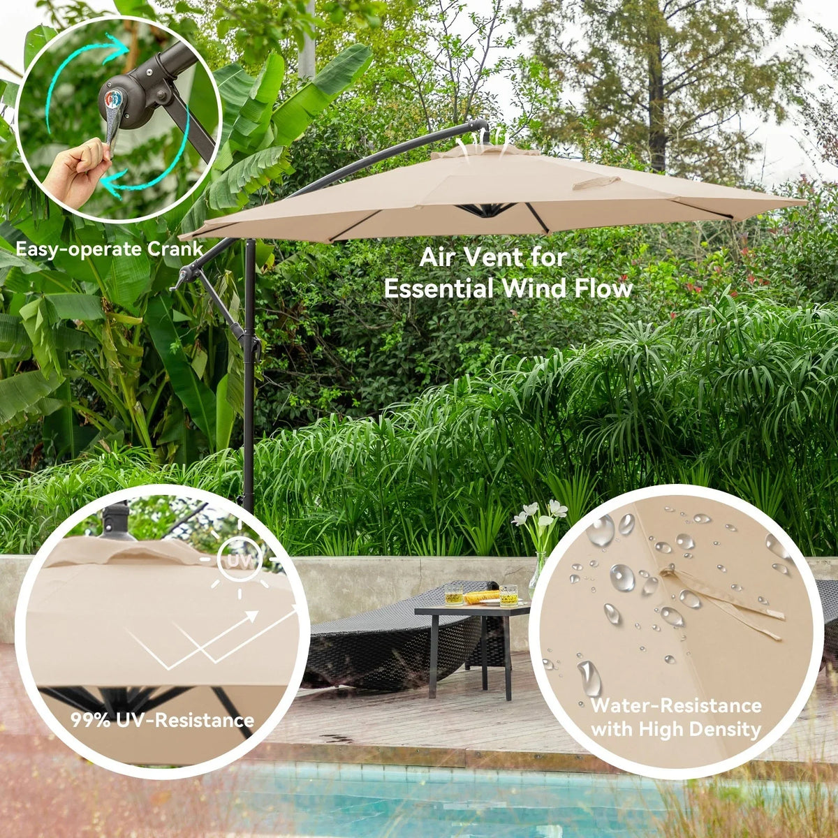 2026 NewJUSTLET 10ft Heavy Duty Patio Hanging Offset Cantilever Patio Umbrella W/ 4-Piece Base Included Included, Beige