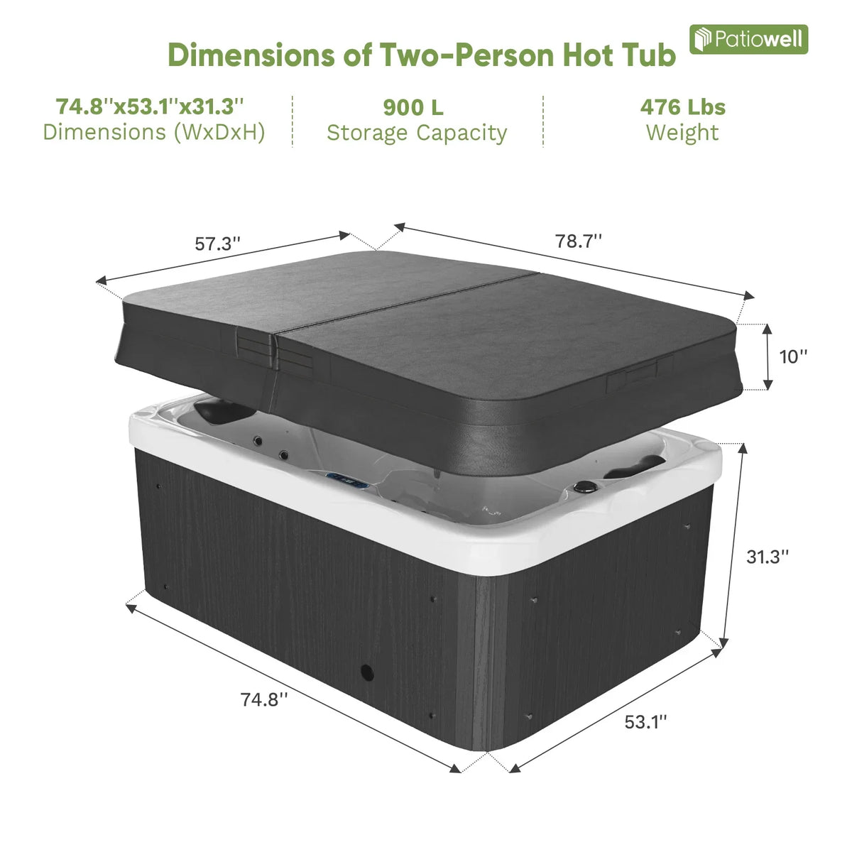 2026 NewPatiowell 2 Person Home Spa Hot Tub for Outdoor, with 41pcs Massage Jets, LED lighting, Built-In Water Purification System, 900L, Black