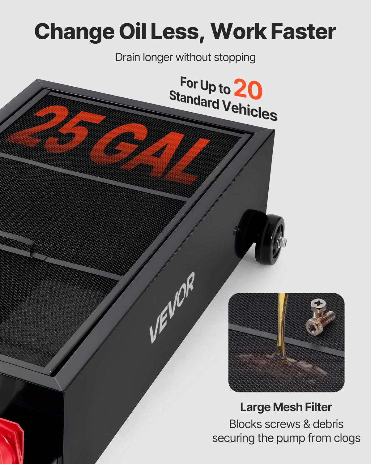 VEVOR Low Profile Oil Drain Pan, 25 Gallon Capacity, Rolling Oil Drain Pan with Manual Pump, 7.2 ft Hose & T Folding Handle, Leak-proof & Corrosion-resistant