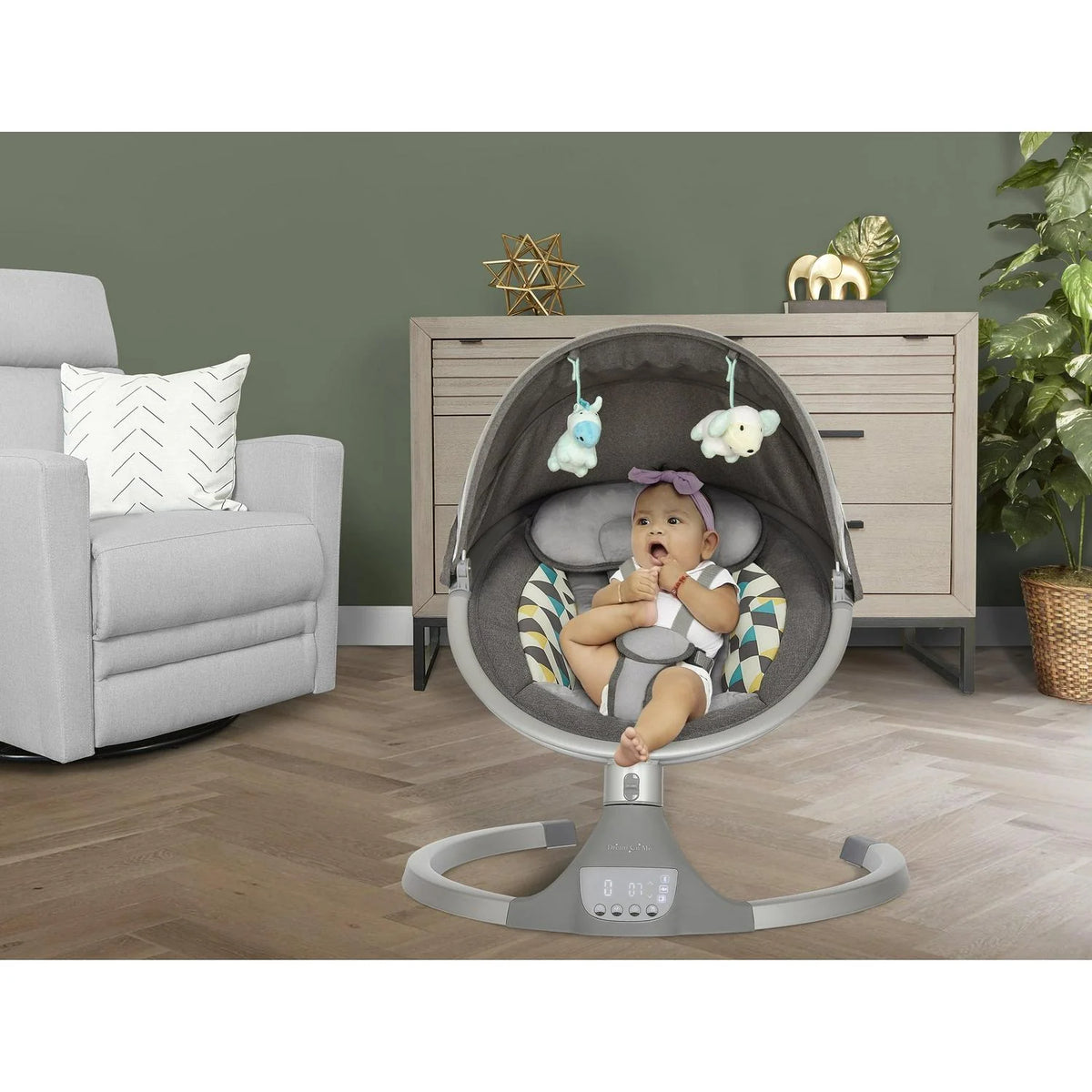 2026 NewDream On Me Zazu Baby Swing. Baby Swing for Infant. 5 - Swinging Speed. Two Attached Toys. Bluetooth Enabled and Remote Control. Grey and Blue