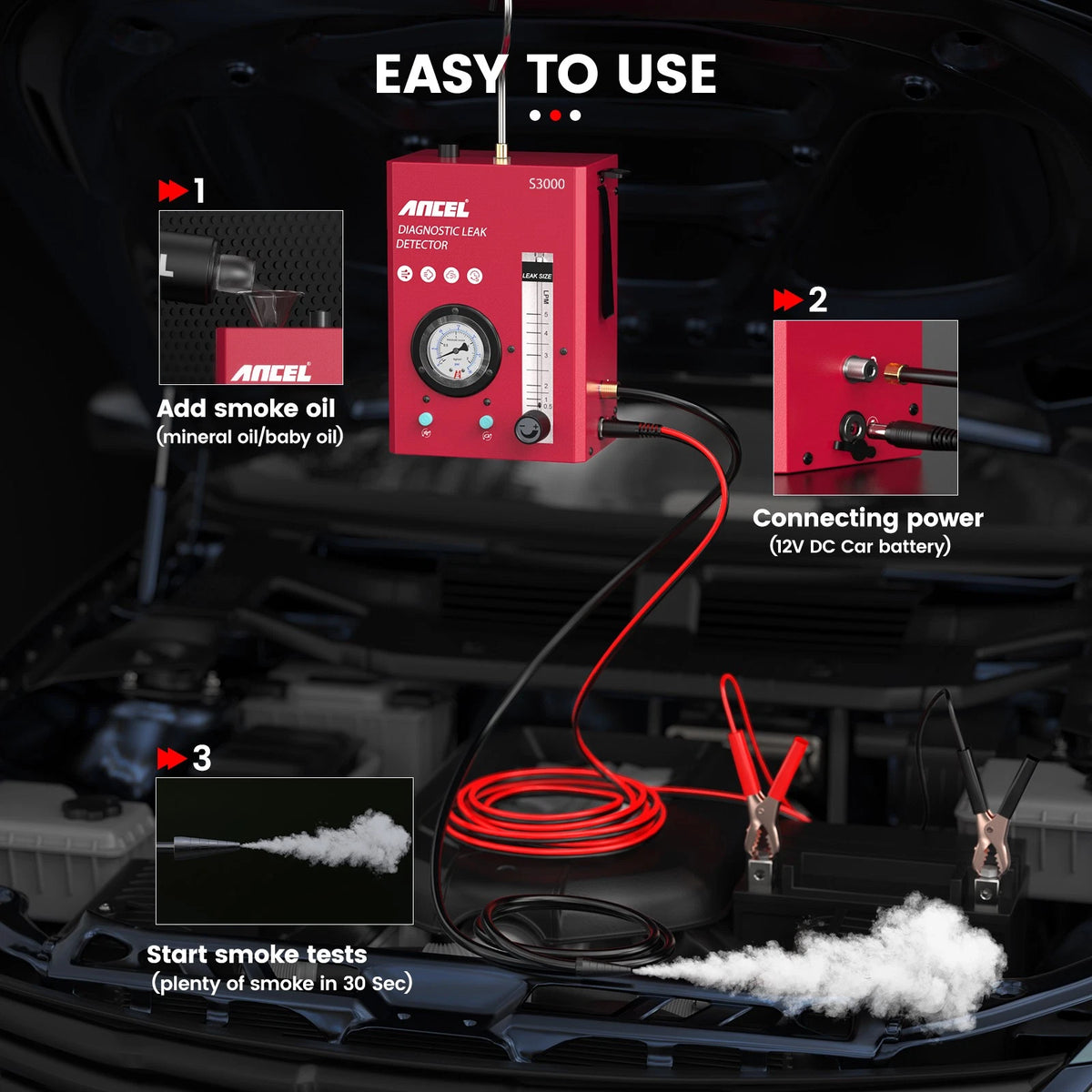 ANCEL S3000 Automotive Smoke Machine Leak Tester , EVAP Vacuum Pipe Leak Tester with Built-in Air Pump and Pressure Gauge for 12V Car Motorcycle ATV Truck Boat