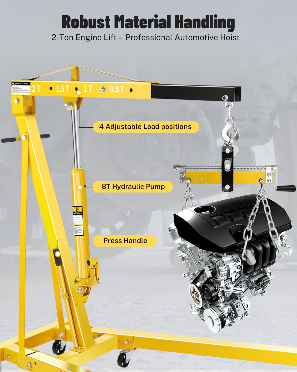 AKDSteel 2 Ton Hydraulic Engine Hoist Crane With Lever, Folding Cherry Picker With Telescopic Boom And 6 Locking Casters For Garage And Workshop