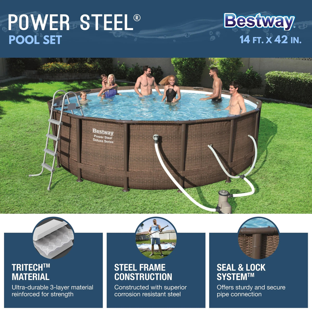 2026 NewBestway Power Steel 14' x 42" Round Above Ground Outdoor Swimming Pool Set