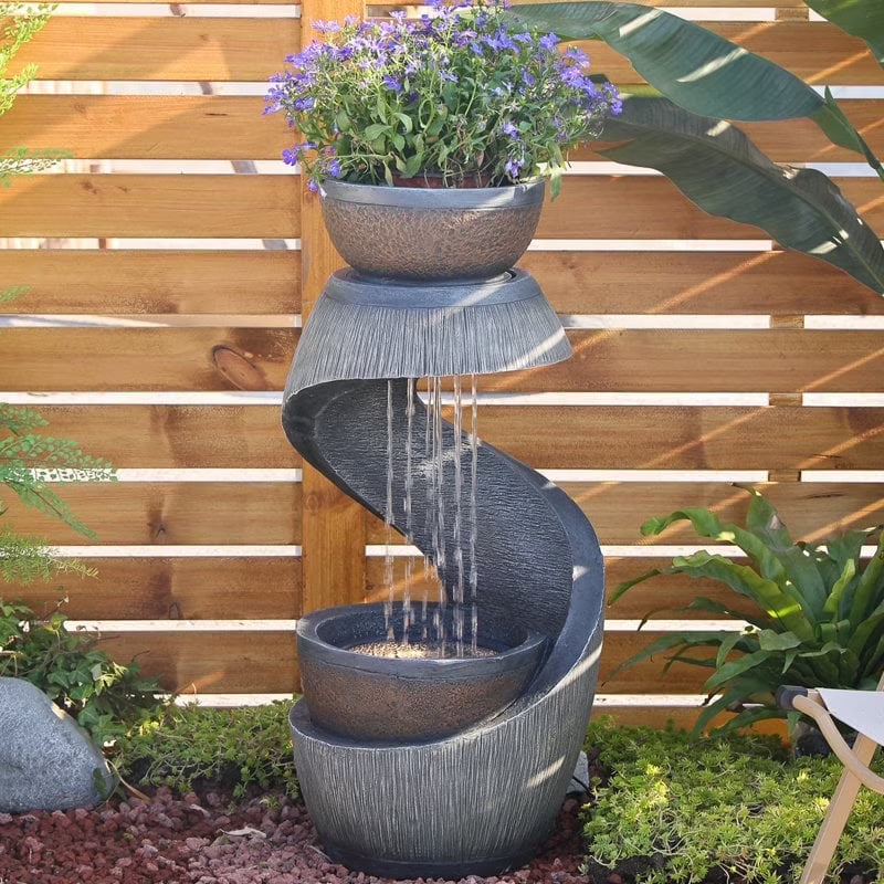 2026 NewOutdoor Water Fountain Modern Curved Waterfall S-Shaped Freestanding Fountain with Bowl Planter for Patio Deck Garden Yard Home Decor