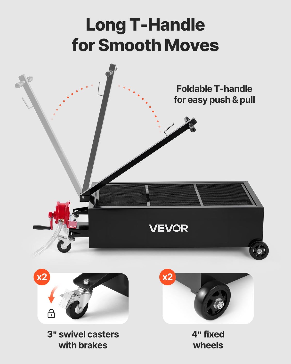 VEVOR Low Profile Oil Drain Pan, 25 Gallon Capacity, Rolling Oil Drain Pan with Manual Pump, 7.2 ft Hose & T Folding Handle, Leak-proof & Corrosion-resistant