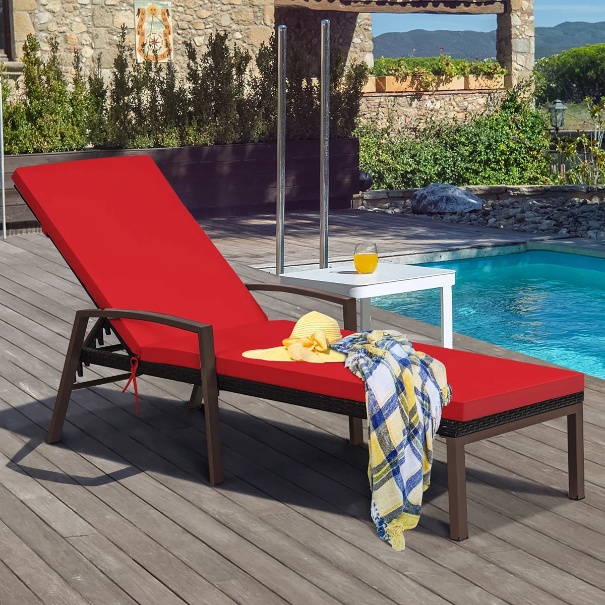 2026 NewCostway 2PCS Patio Rattan Lounge Chair Chaise Recliner Back Adjustable Cushioned Red