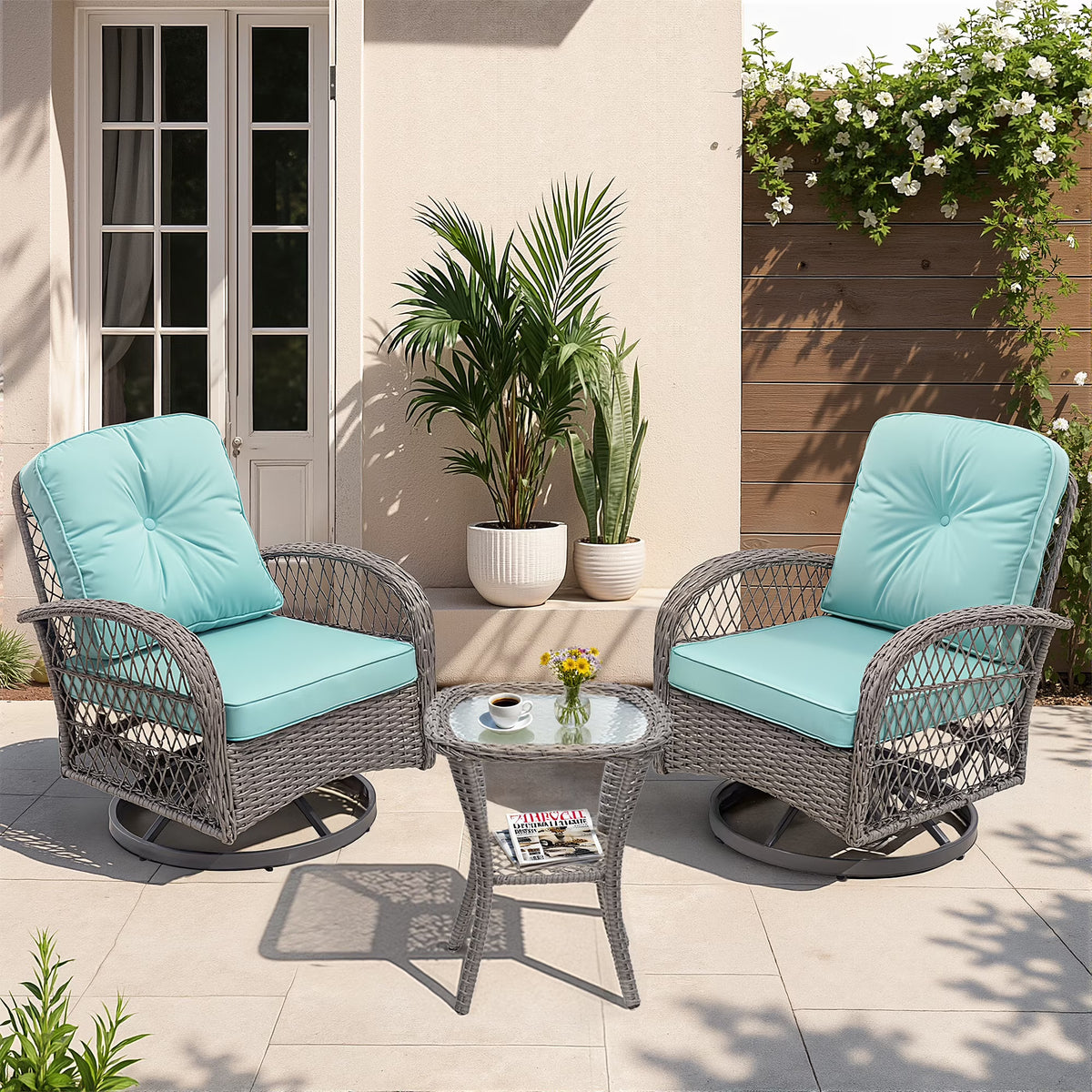 2026 New3 Piece Patio Swivel Rocker Chairs Set, 2 360-Degree Swivel Rocking Chairs with 1 Glass Top Table, PE Rattan Outdoor Bistro Set with Cushions for Balcony Deck Poolside Backyard Porch