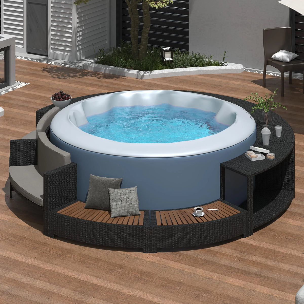 2026 NewRound Hot Tub Surround Furniture, Spa Surround Outdoor Rattan Sectional Sofa Set with Mini Sofa, Solid Acacia Wood Hot Tub Storage Surround Patio Furniture Set, Gray Cushion